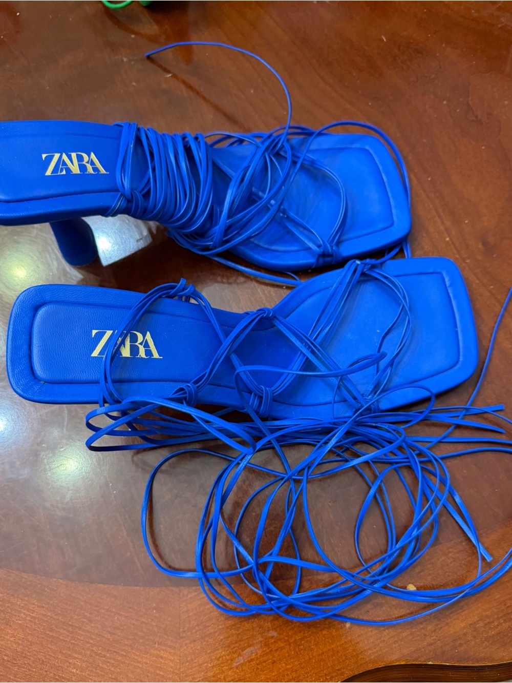 ZARA Cobalt Blue Lace-Up Square-Toe Sandals - Picture 3 of 6